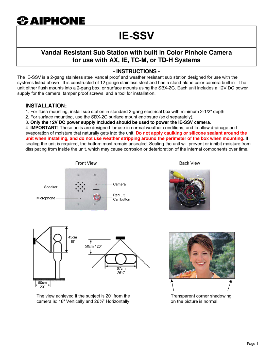 Aiphone ie-ssv manual Instructions, Installation 