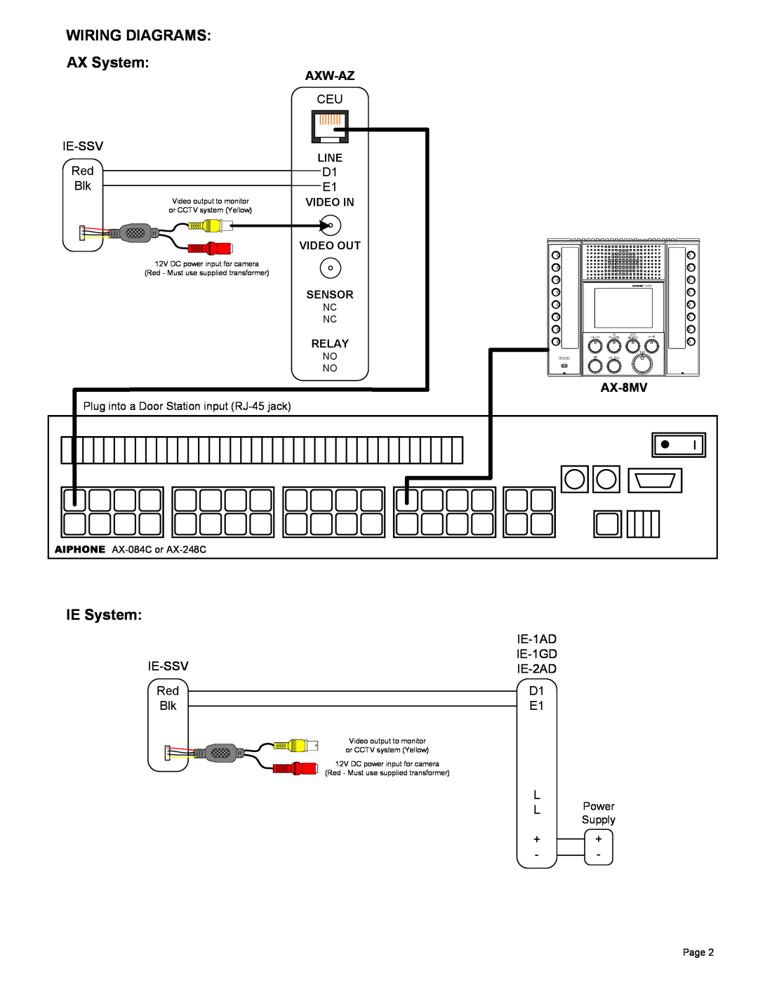 Aiphone ie-ssv manual WIRING DIAGRAMS AX System, IE System, Axw-Az, AX-8MV 