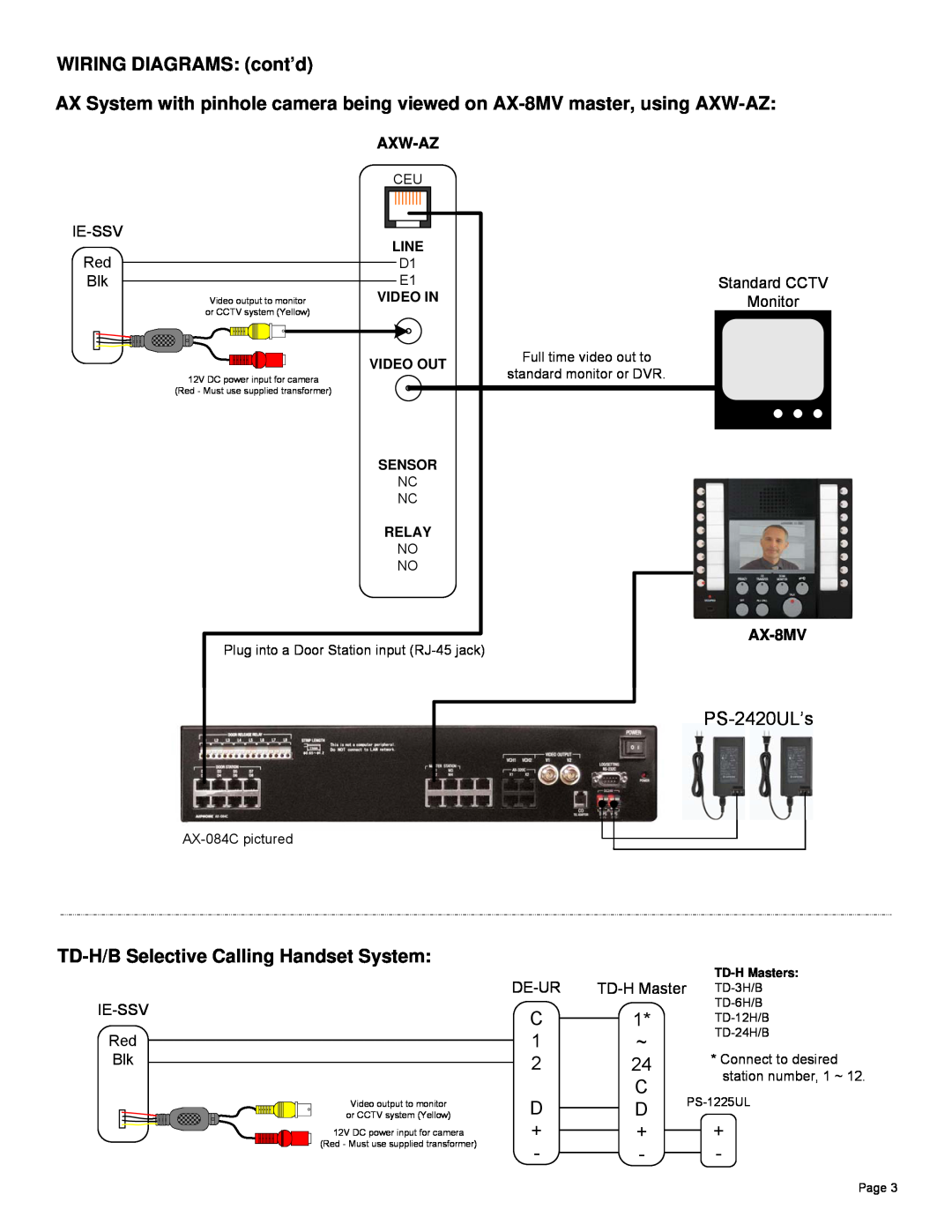 Aiphone ie-ssv manual WIRING DIAGRAMS cont’d, TD-H/BSelective Calling Handset System 