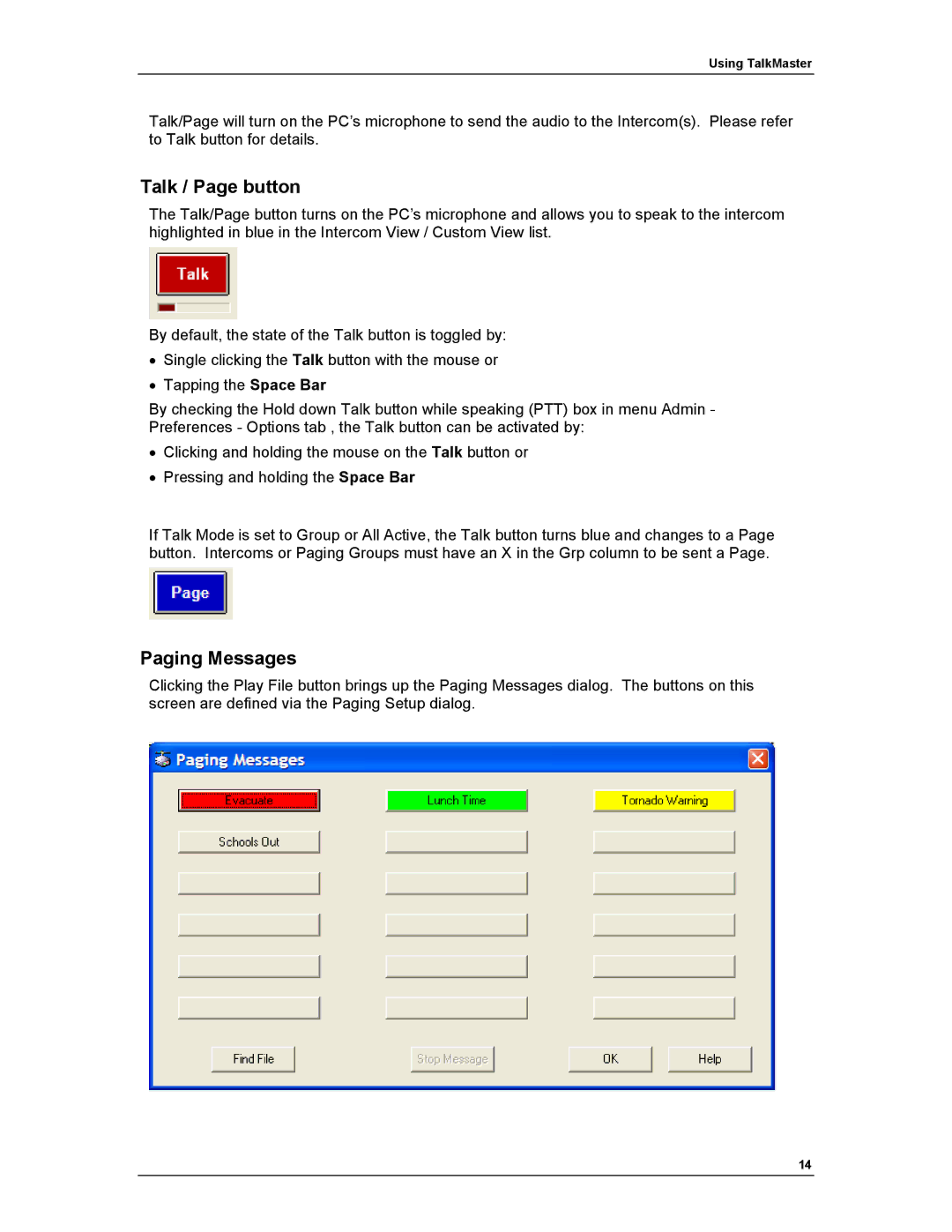 Aiphone IP EWST-POE manual Talk / Page button, Paging Messages 