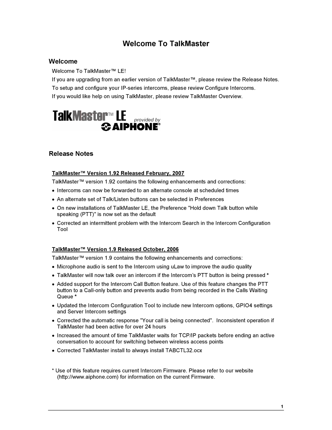 Aiphone IP EWST-POE manual Welcome To TalkMaster, Release Notes 