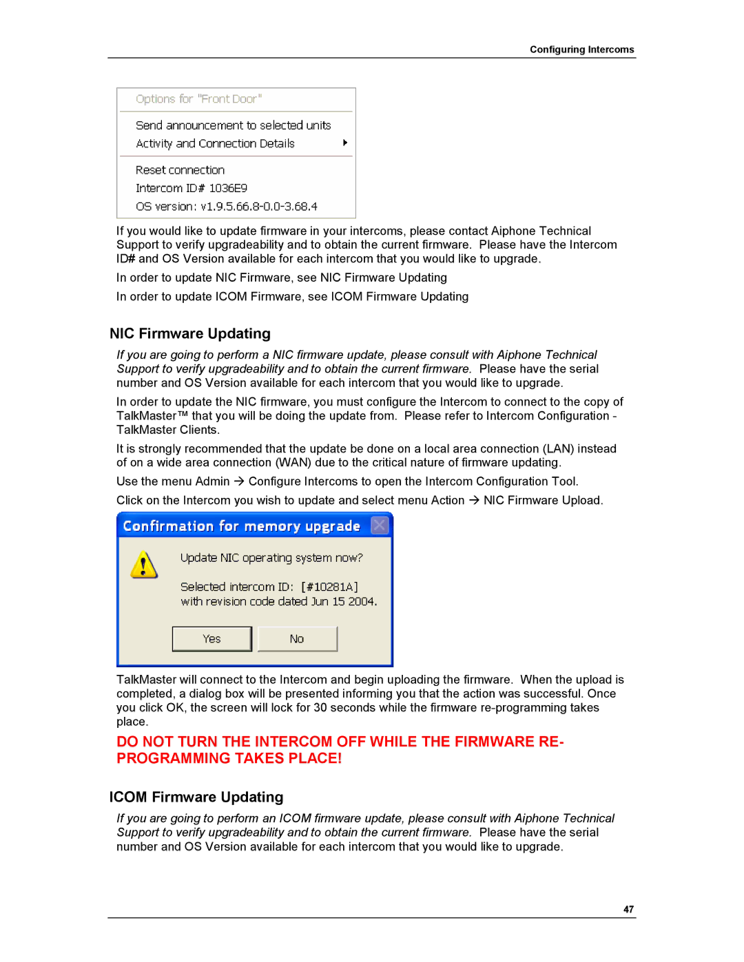 Aiphone IP EWST-POE manual NIC Firmware Updating, Icom Firmware Updating 