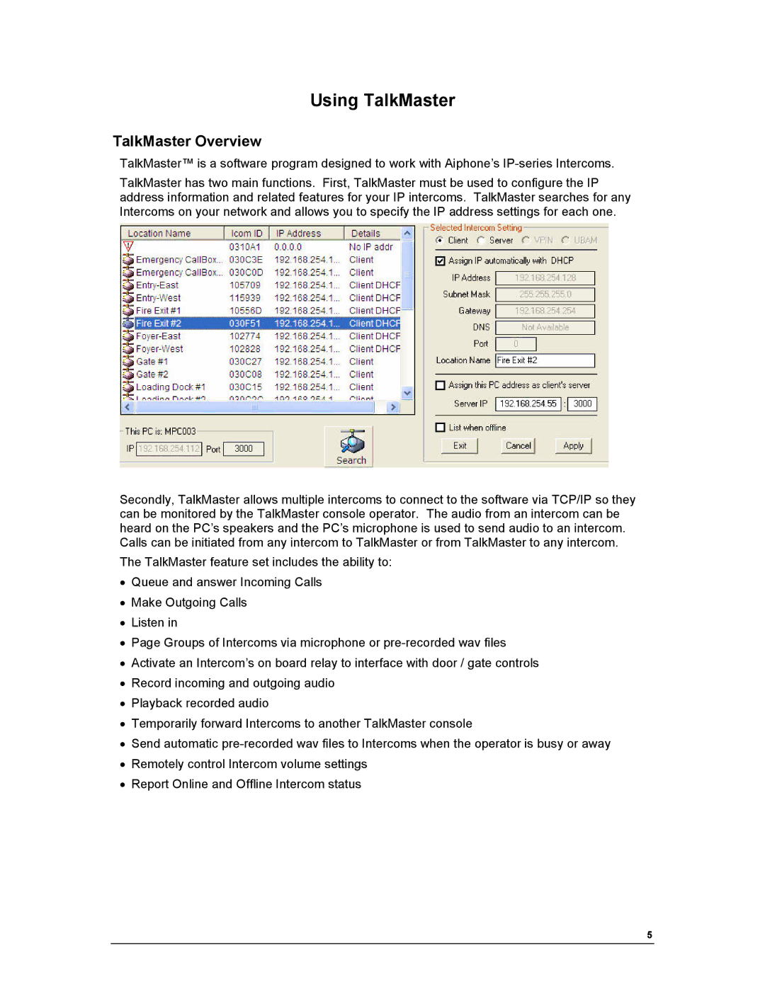 Aiphone IP EWST-POE manual Using TalkMaster, TalkMaster Overview 