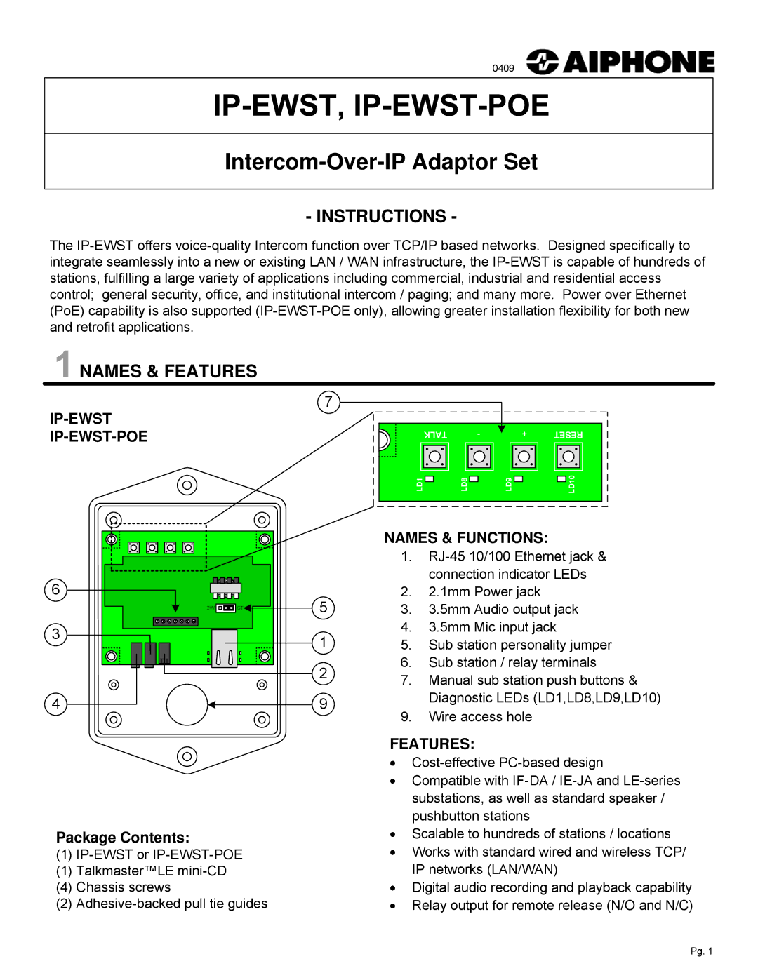 Aiphone IP-EWST-POE manual Instructions, Names & Features, Package Contents 