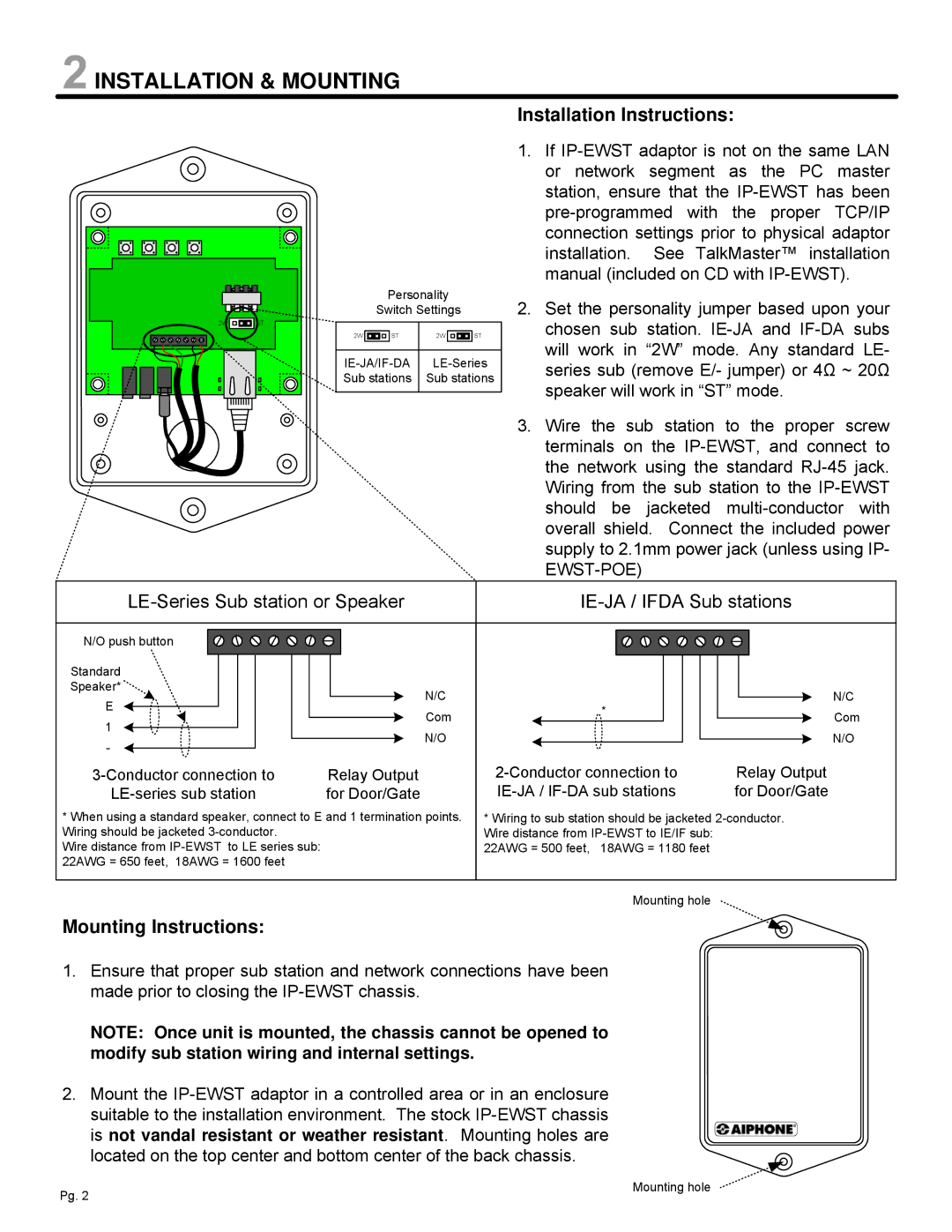 Aiphone IP-EWST-POE manual Installation & Mounting, Installation Instructions, Mounting Instructions 