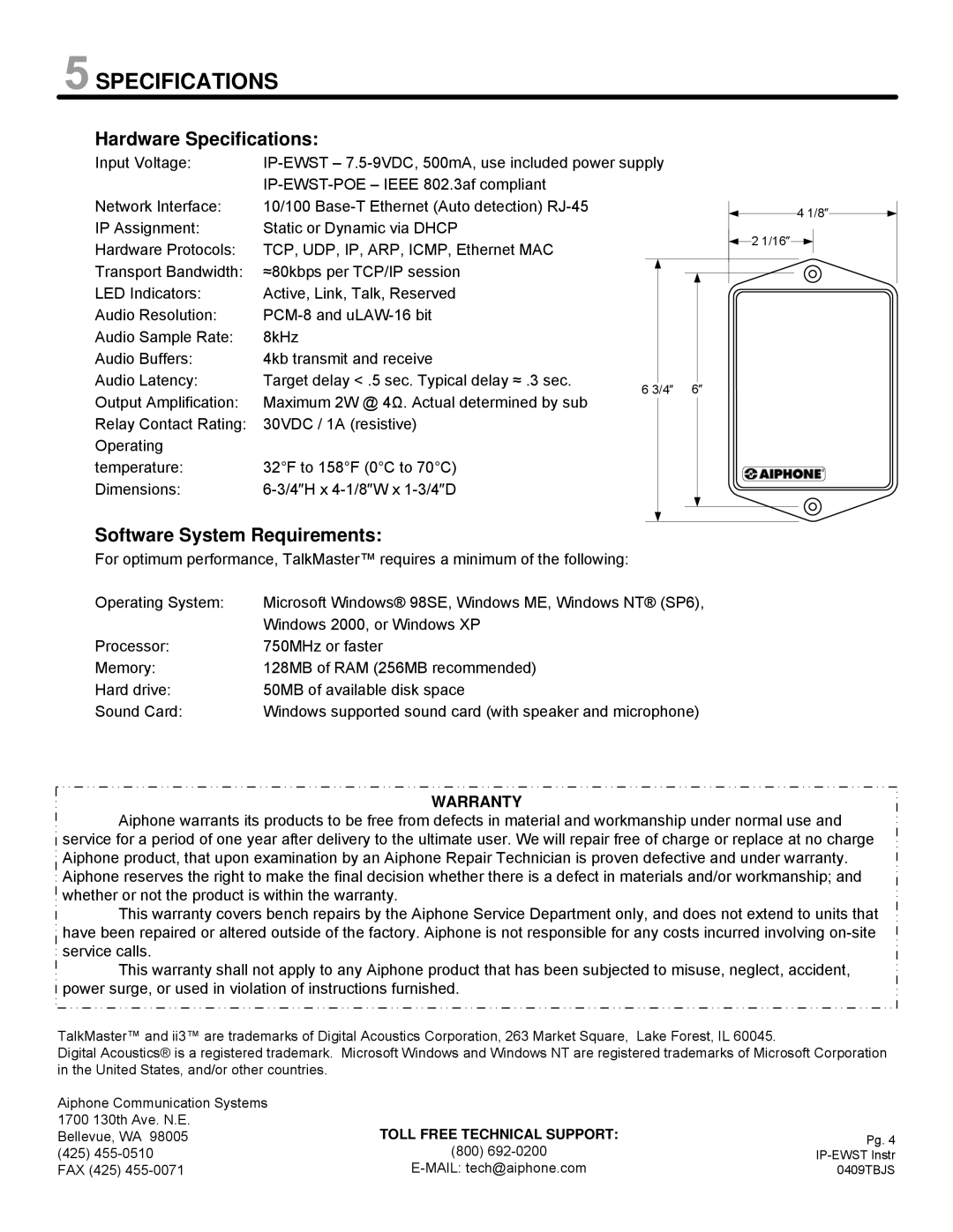 Aiphone IP-EWST-POE manual Hardware Specifications, Software System Requirements 