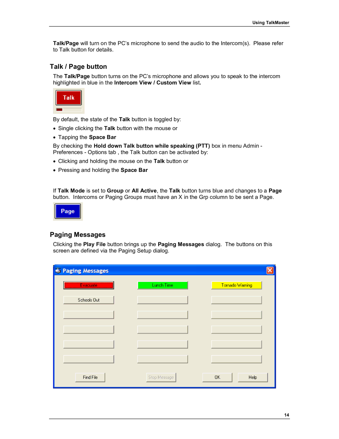 Aiphone IP-EWST manual Talk / Page button, Paging Messages 