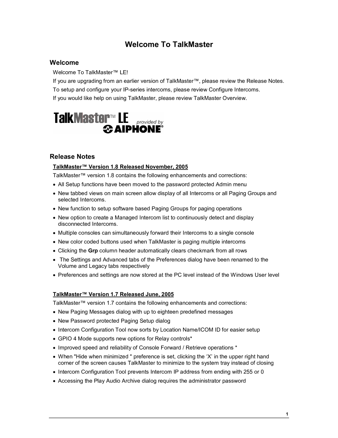 Aiphone IP-EWST manual Welcome To TalkMaster, Release Notes 