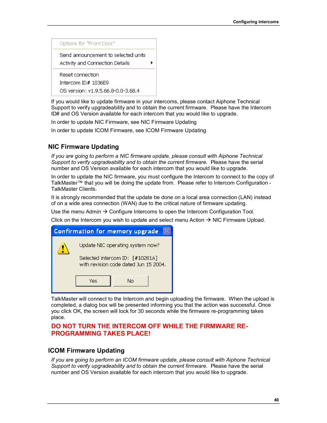 Aiphone IP-EWST manual NIC Firmware Updating, Icom Firmware Updating 