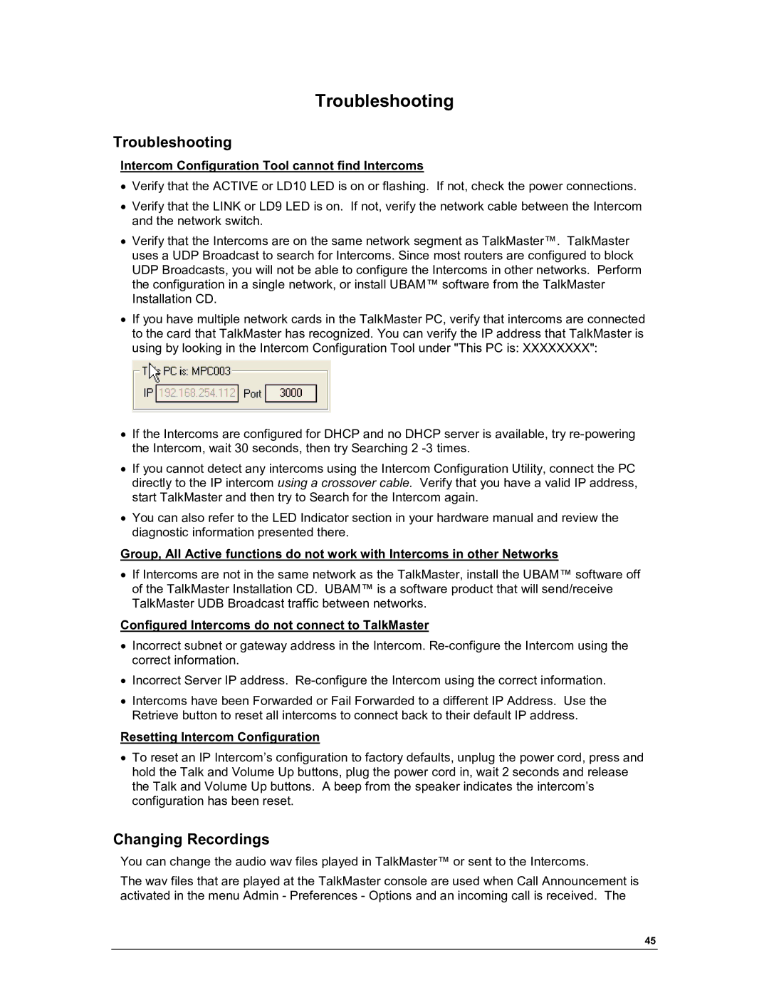 Aiphone IP-EWST manual Troubleshooting, Changing Recordings 