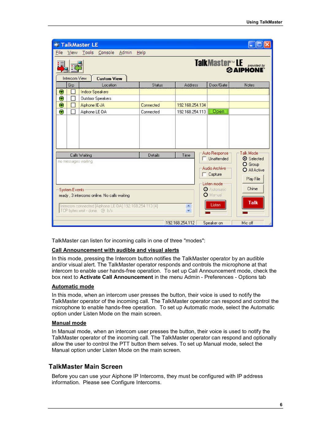 Aiphone IP-EWST manual TalkMaster Main Screen 