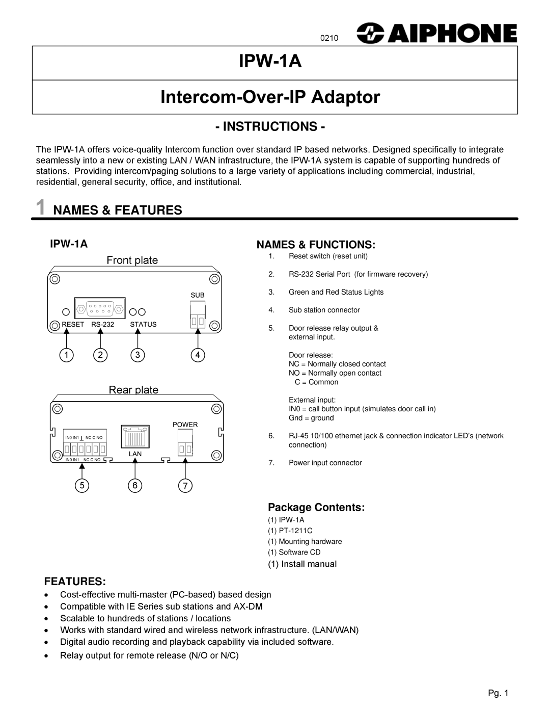 Aiphone IPW-1A install manual Instructions, Names & Features, Package Contents 