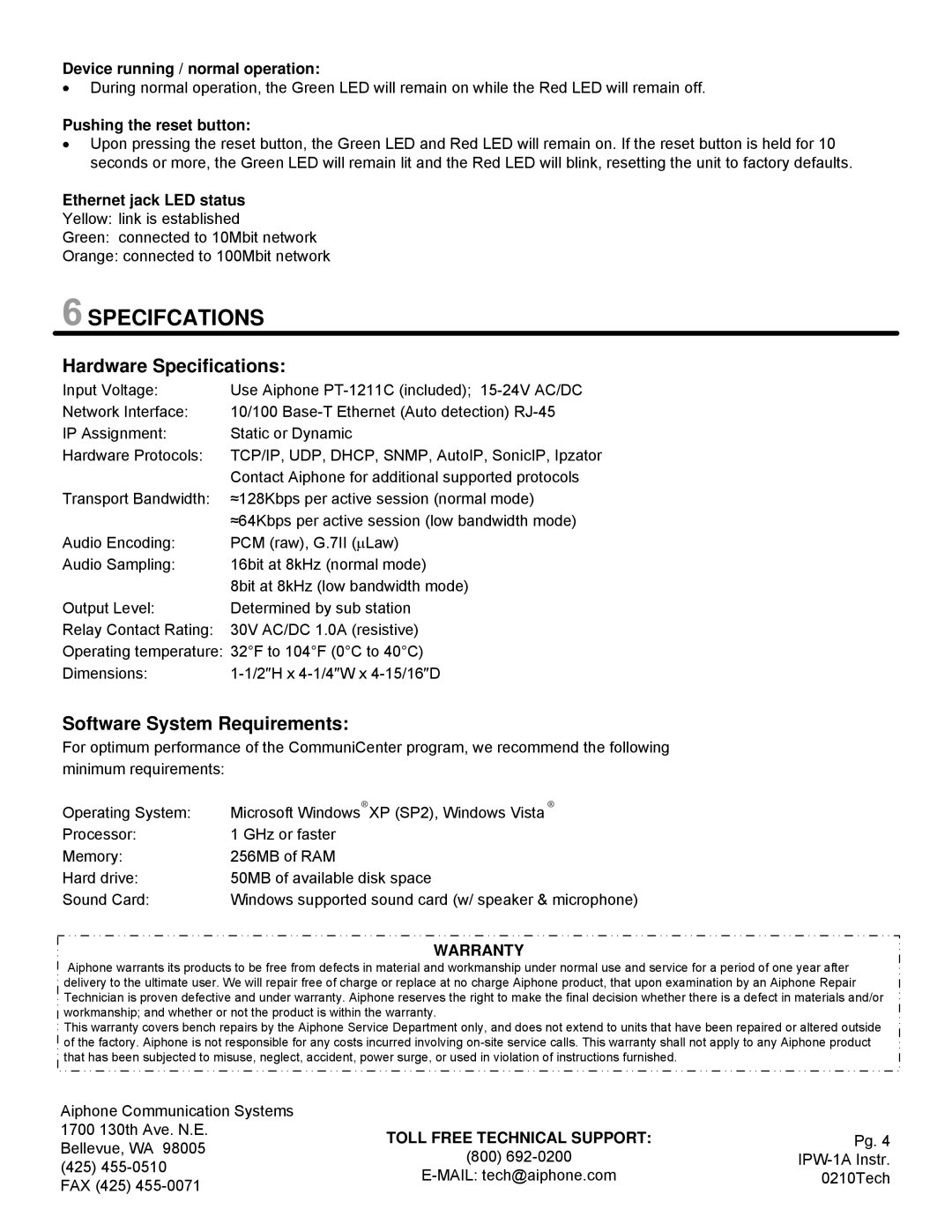 Aiphone IPW-1A install manual Specifcations, Hardware Specifications, Software System Requirements 