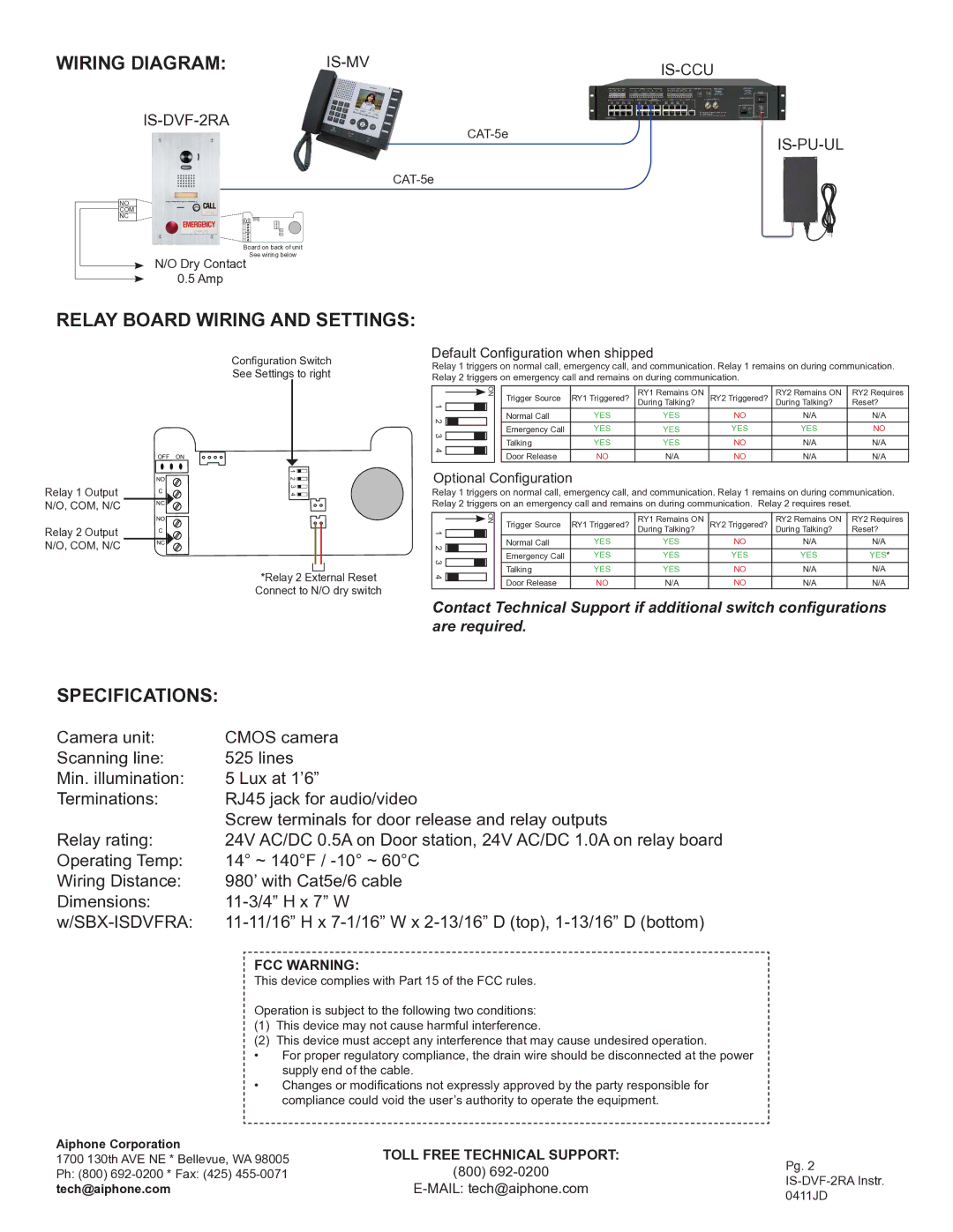 Aiphone IS-DVF-2RA dimensions Wiring Diagram, Relay Board Wiring and Settings, Specifications, FCC Warning 