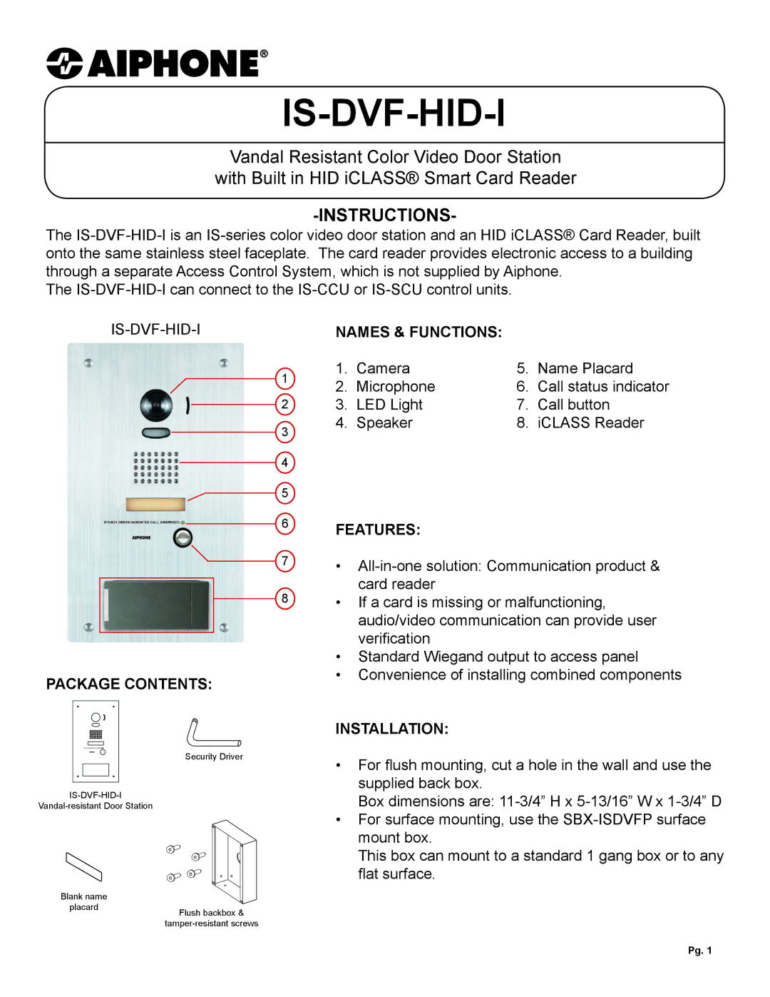 Aiphone IS-DVF-HID-I dimensions Is-Dvf-Hid-I, Instructions 