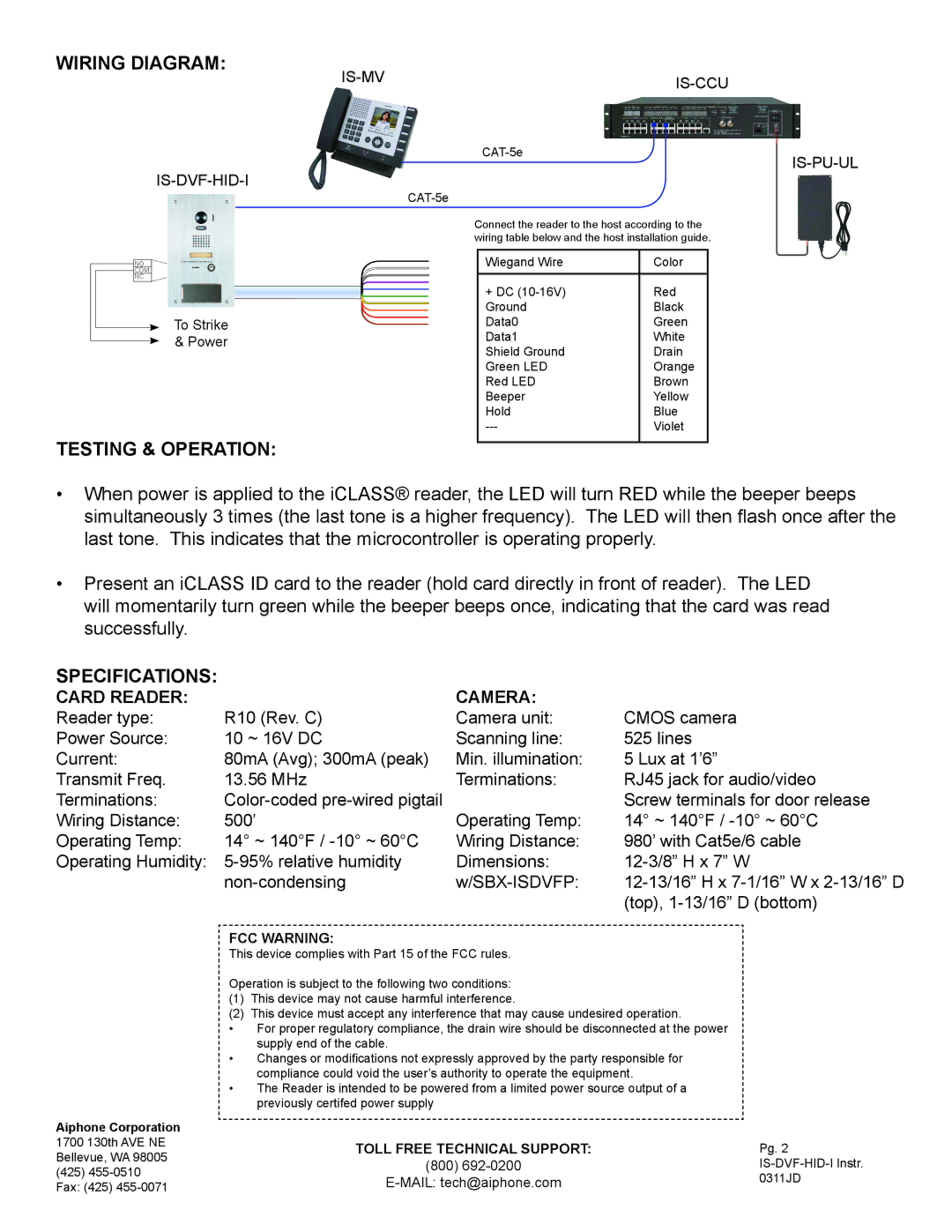 Aiphone IS-DVF-HID-I dimensions Wiring Diagram, Testing & Operation, Specifications, Card Reader Camera 