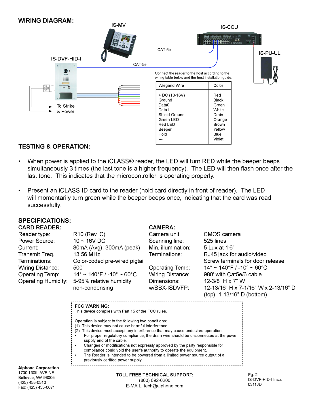 Aiphone IS-DVF-HID-I dimensions Wiring Diagram, Testing & Operation, Specifications, Card Reader, Camera 