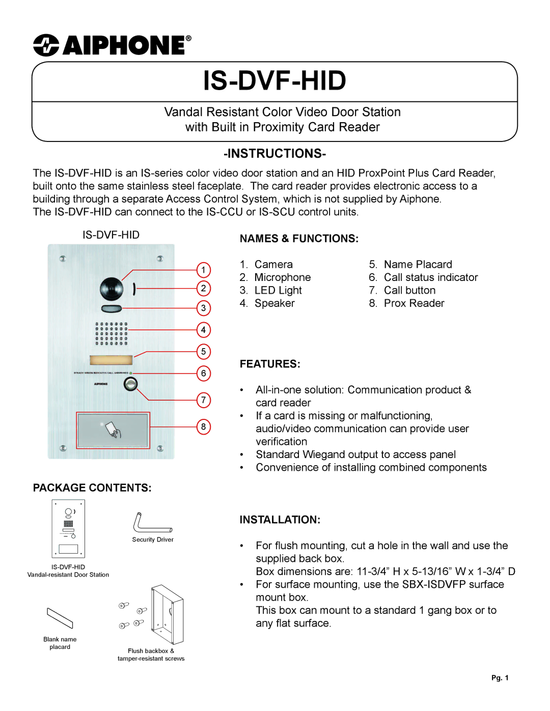 Aiphone IS-DVF-HID dimensions Is-Dvf-Hid, Instructions 