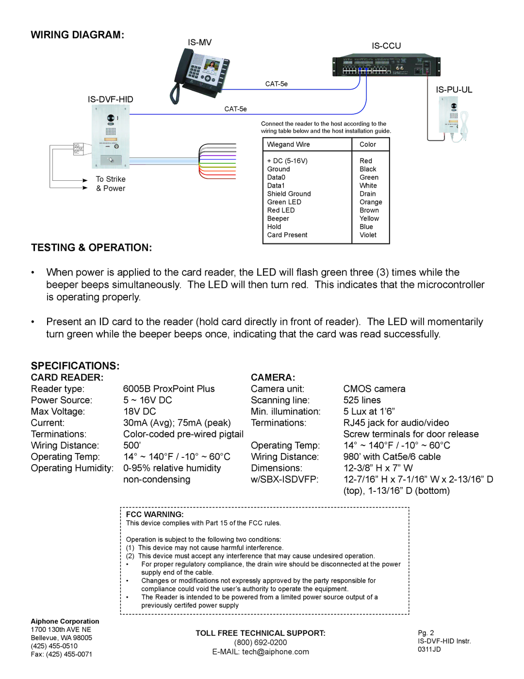 Aiphone IS-DVF-HID dimensions Wiring Diagram, Testing & Operation, Specifications, Card Reader Camera 