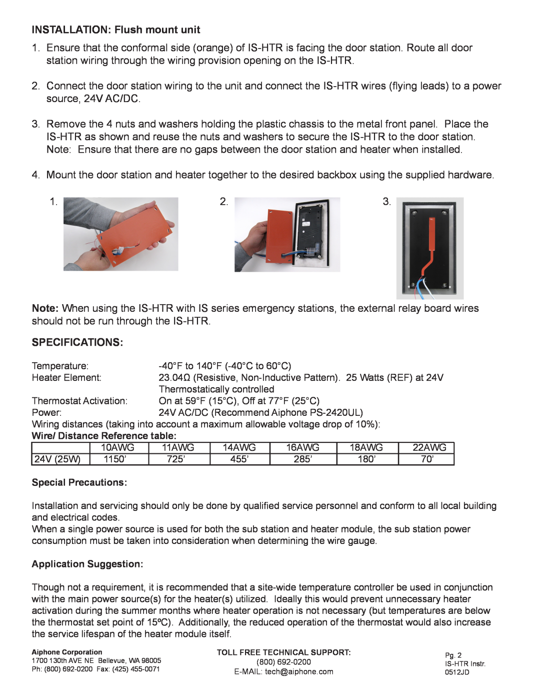 Aiphone IS-HTR manual INSTALLATION Flush mount unit, Specifications, Wire/ Distance Reference table, Special Precautions 