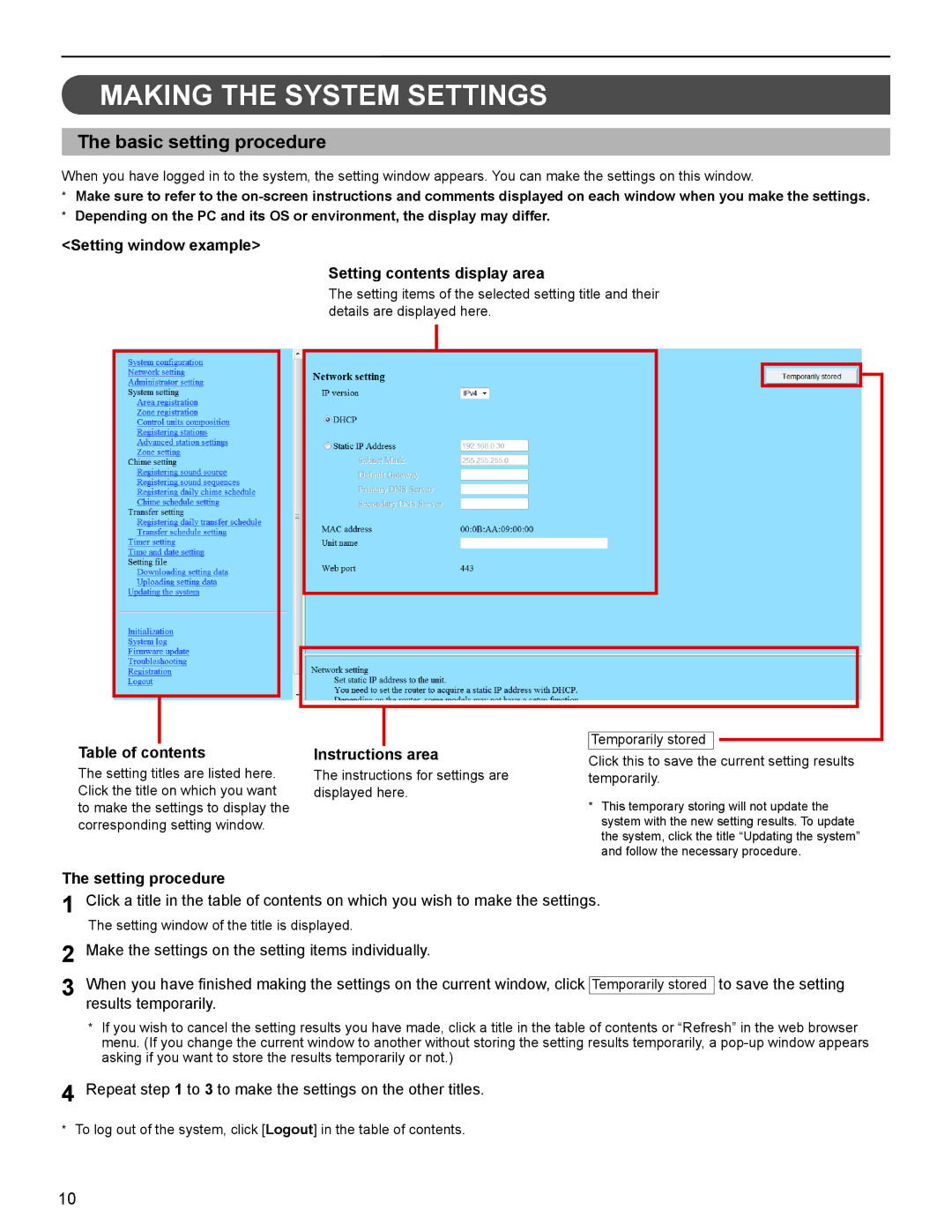 Aiphone IS Series operation manual Making the System Settings, Basic setting procedure 