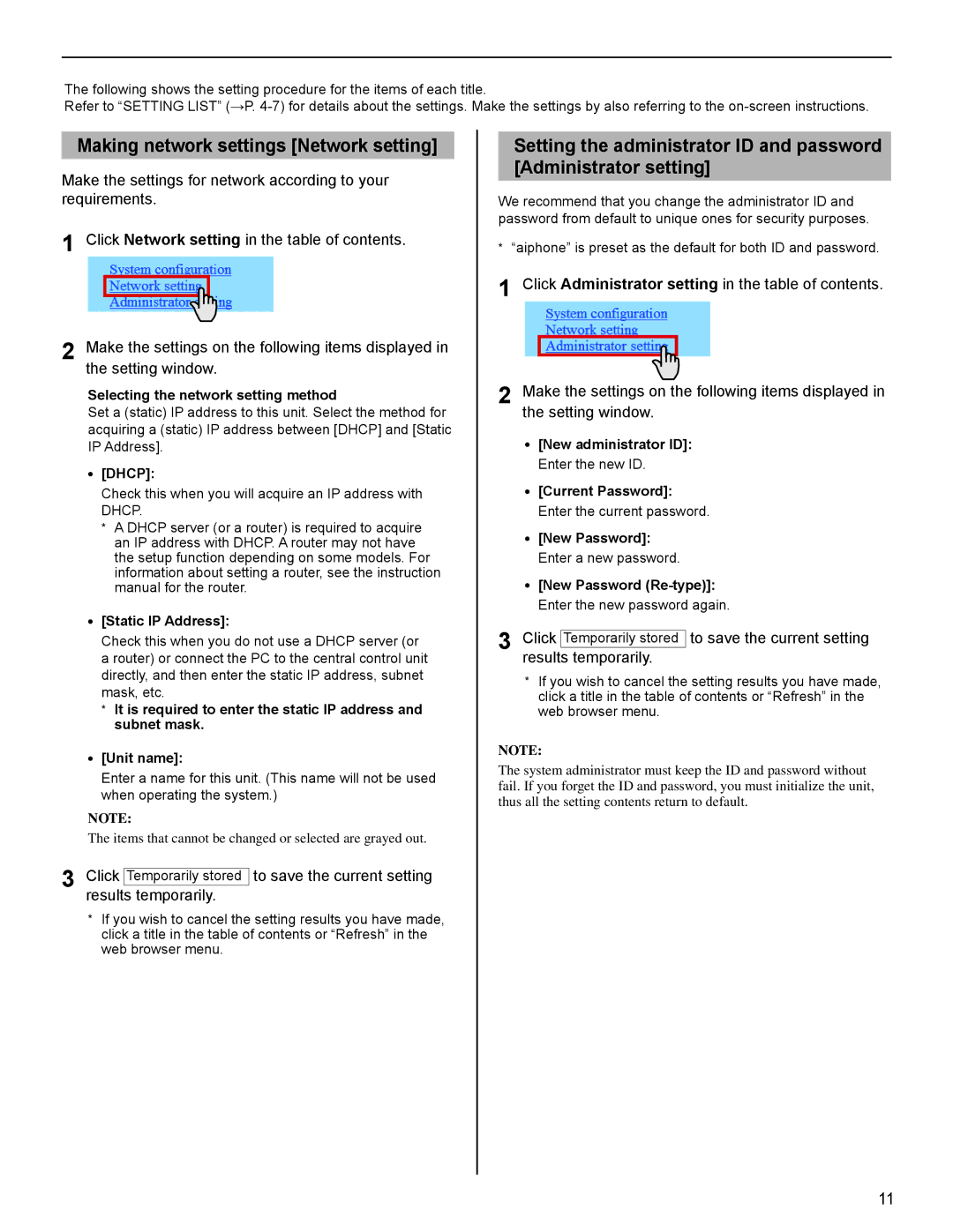 Aiphone IS Series Making network settings Network setting, Selecting the network setting method, Dhcp, Static IP Address 