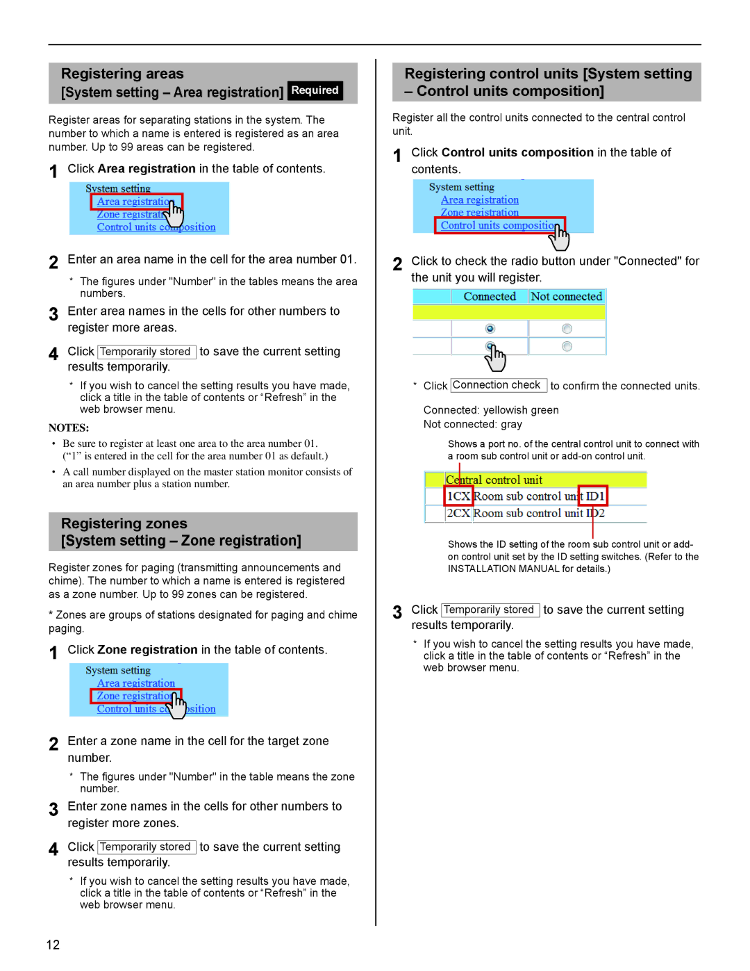 Aiphone IS Series operation manual Registering areas System setting Area registration Required 