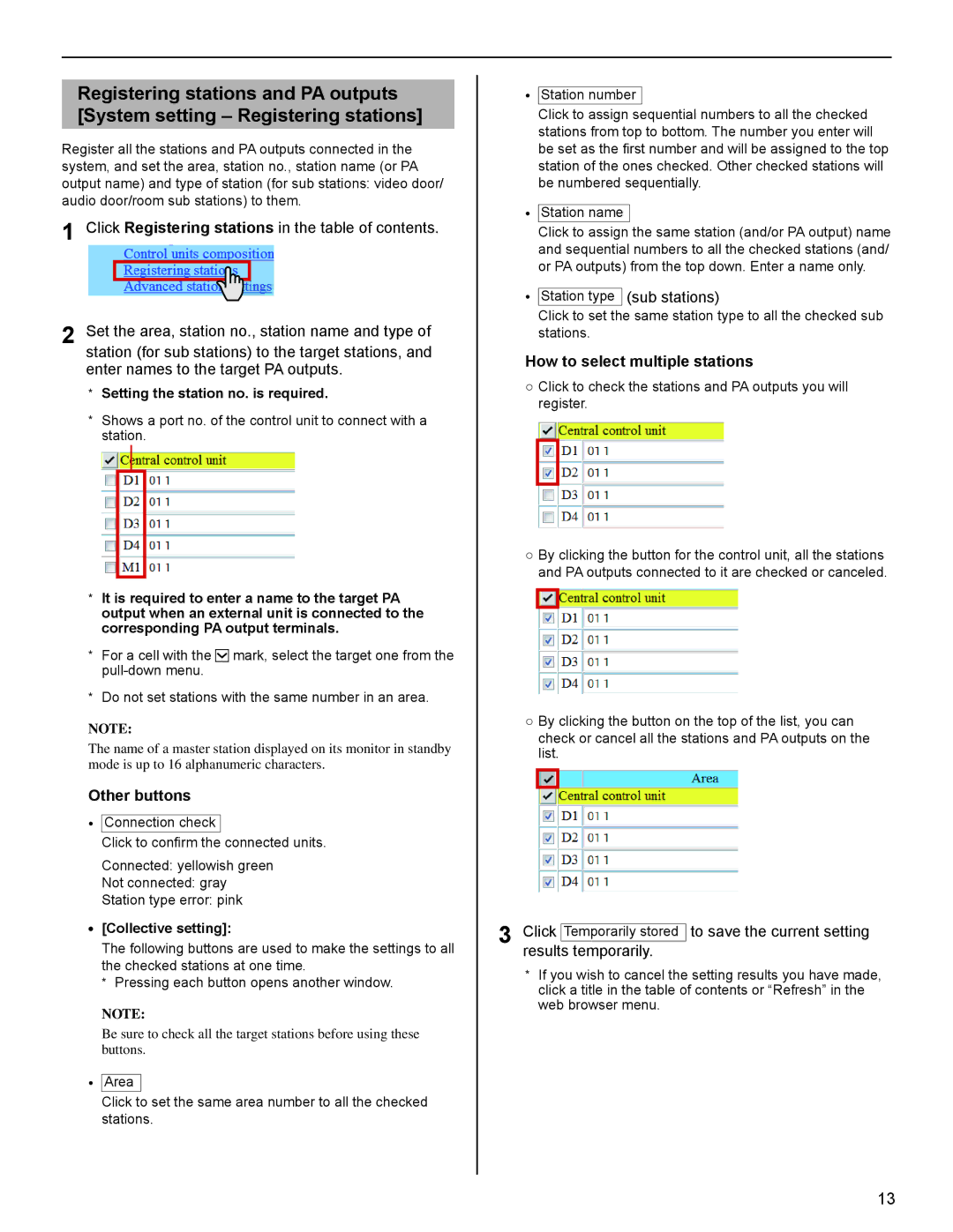 Aiphone IS Series Other buttons, Sub stations, How to select multiple stations, Setting the station no. is required 