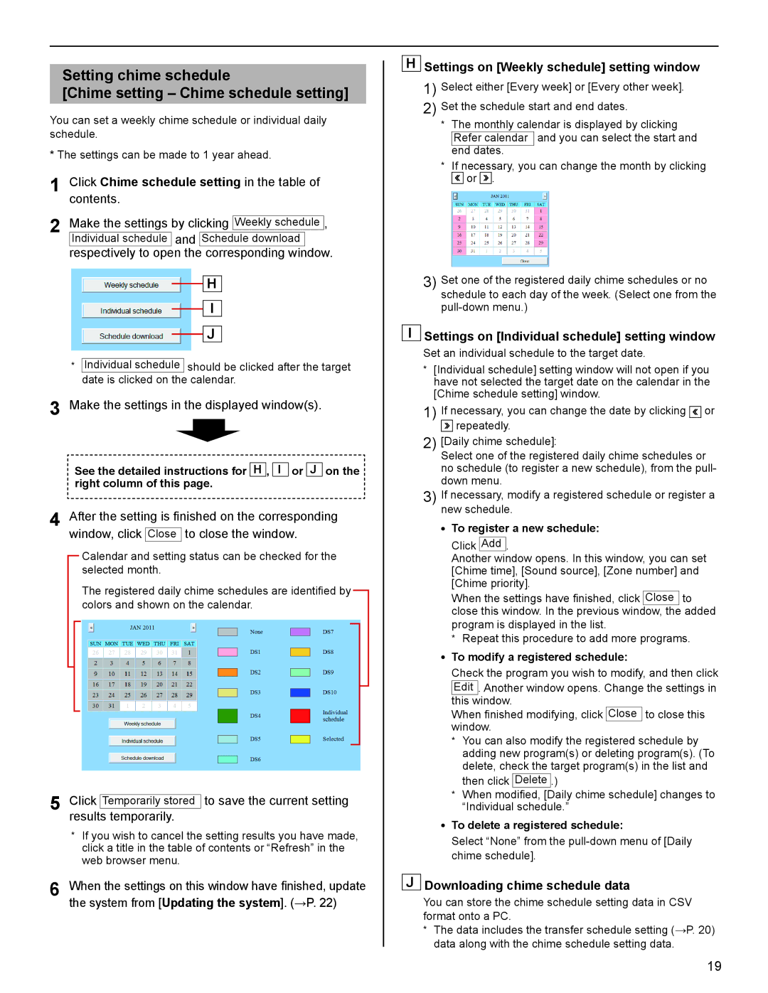 Aiphone IS Series Click Chime schedule setting in the table of contents, Settings on Weekly schedule setting window 