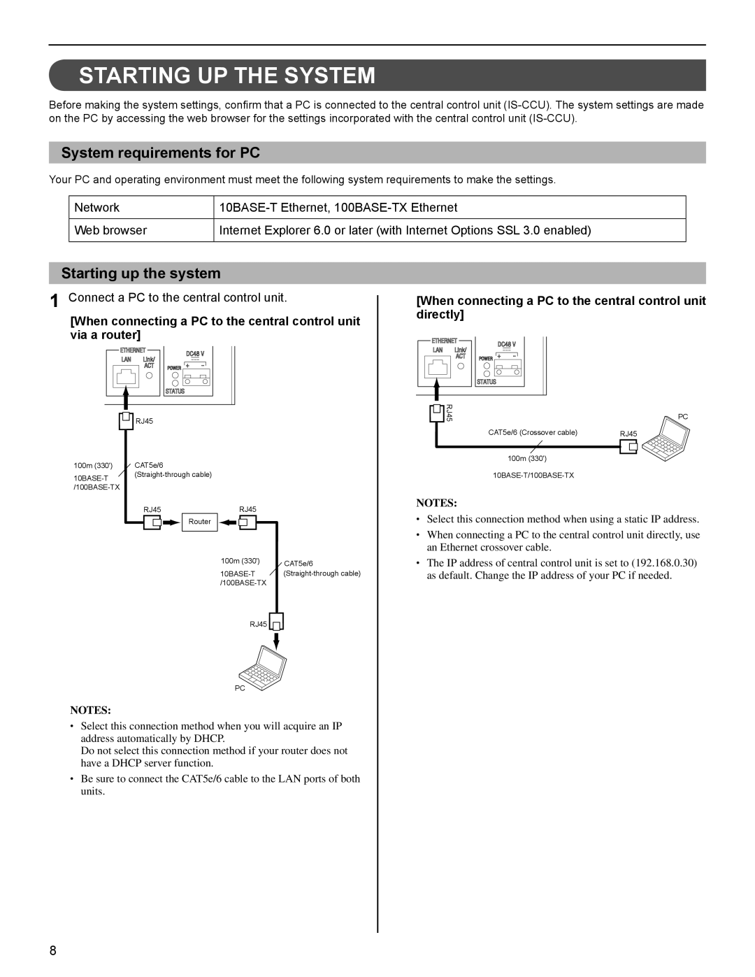 Aiphone IS Series Starting UP the System, System requirements for PC, Connect a PC to the central control unit 