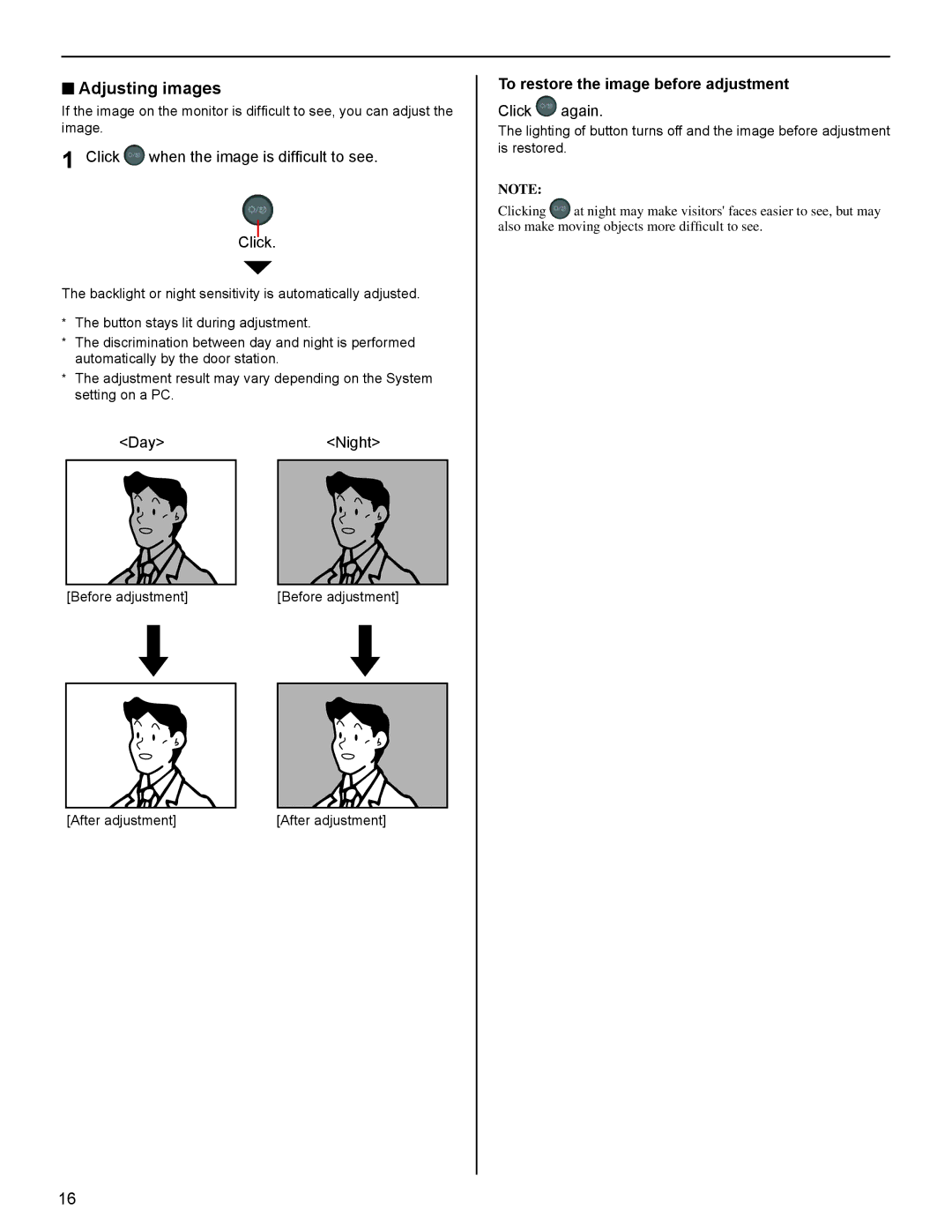 Aiphone IS-SOFT operation manual Adjusting images, Click When the image is difﬁcult to see, DayNight, Click again 