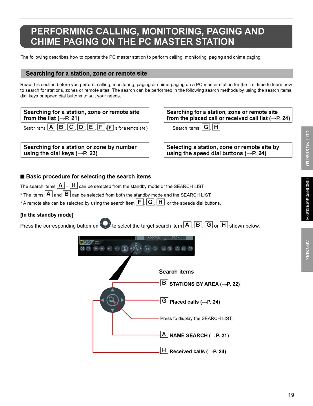 Aiphone IS-SOFT Basic procedure for selecting the search items, Search items, Standby mode, Placed calls →P 