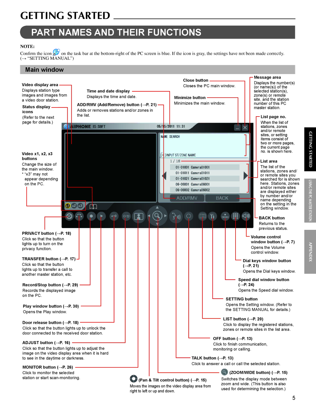 Aiphone IS-SOFT operation manual Part Names and Their Functions, Main window 