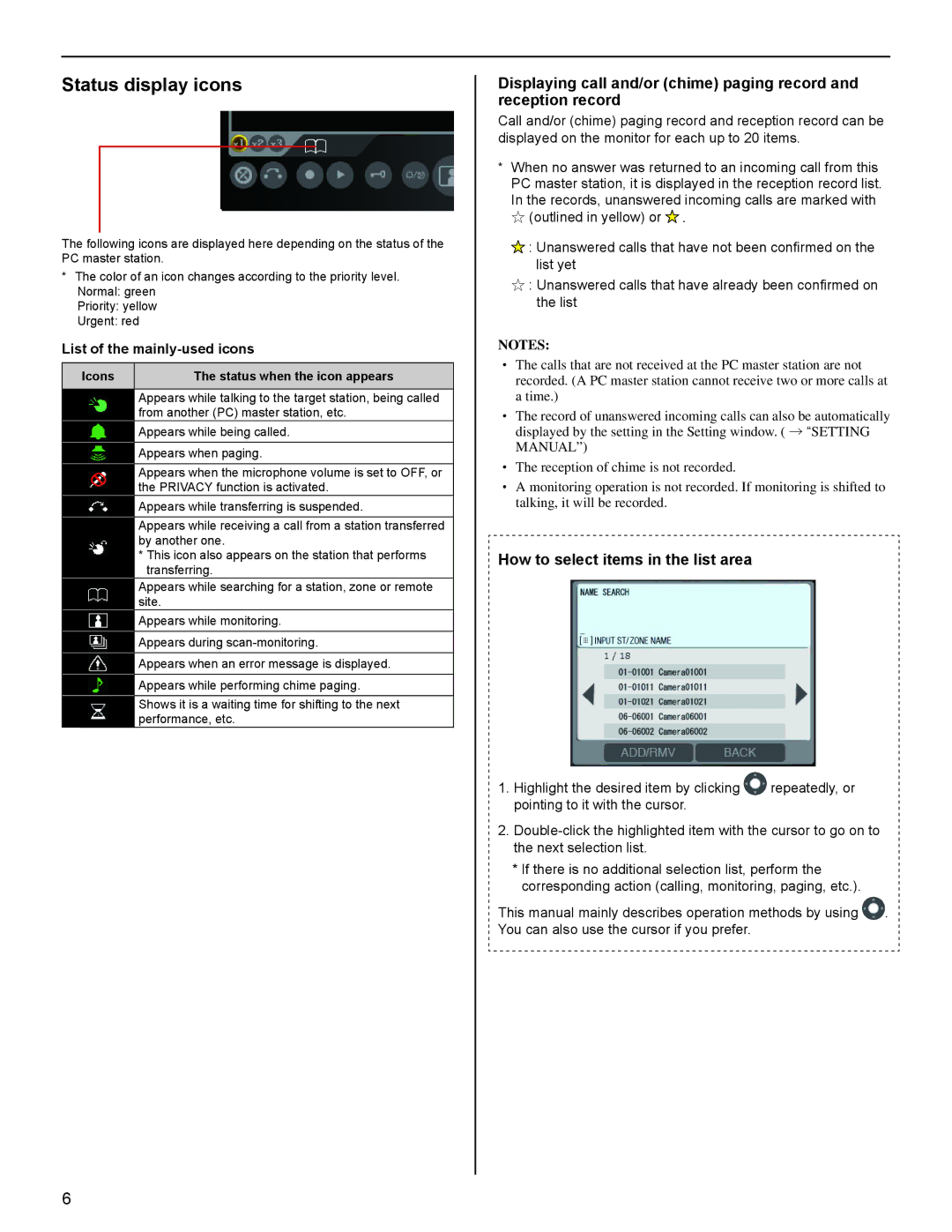 Aiphone IS-SOFT Status display icons, How to select items in the list area, Icons Status when the icon appears 