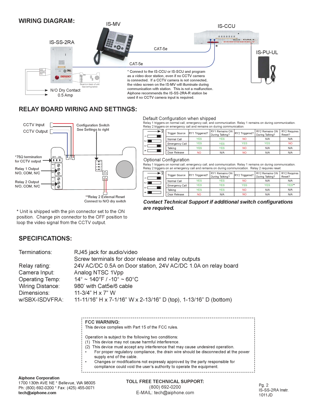 Aiphone IS-SS-2RA dimensions Wiring Diagram, Relay Board Wiring and Settings, Specifications, FCC Warning 