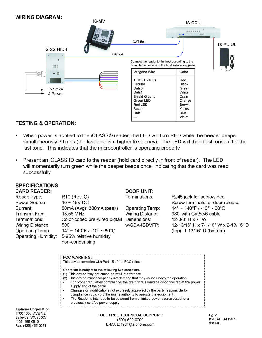 Aiphone IS-SS-HID-I dimensions Wiring Diagram, Testing & Operation, Specifications, Card Reader Door Unit 