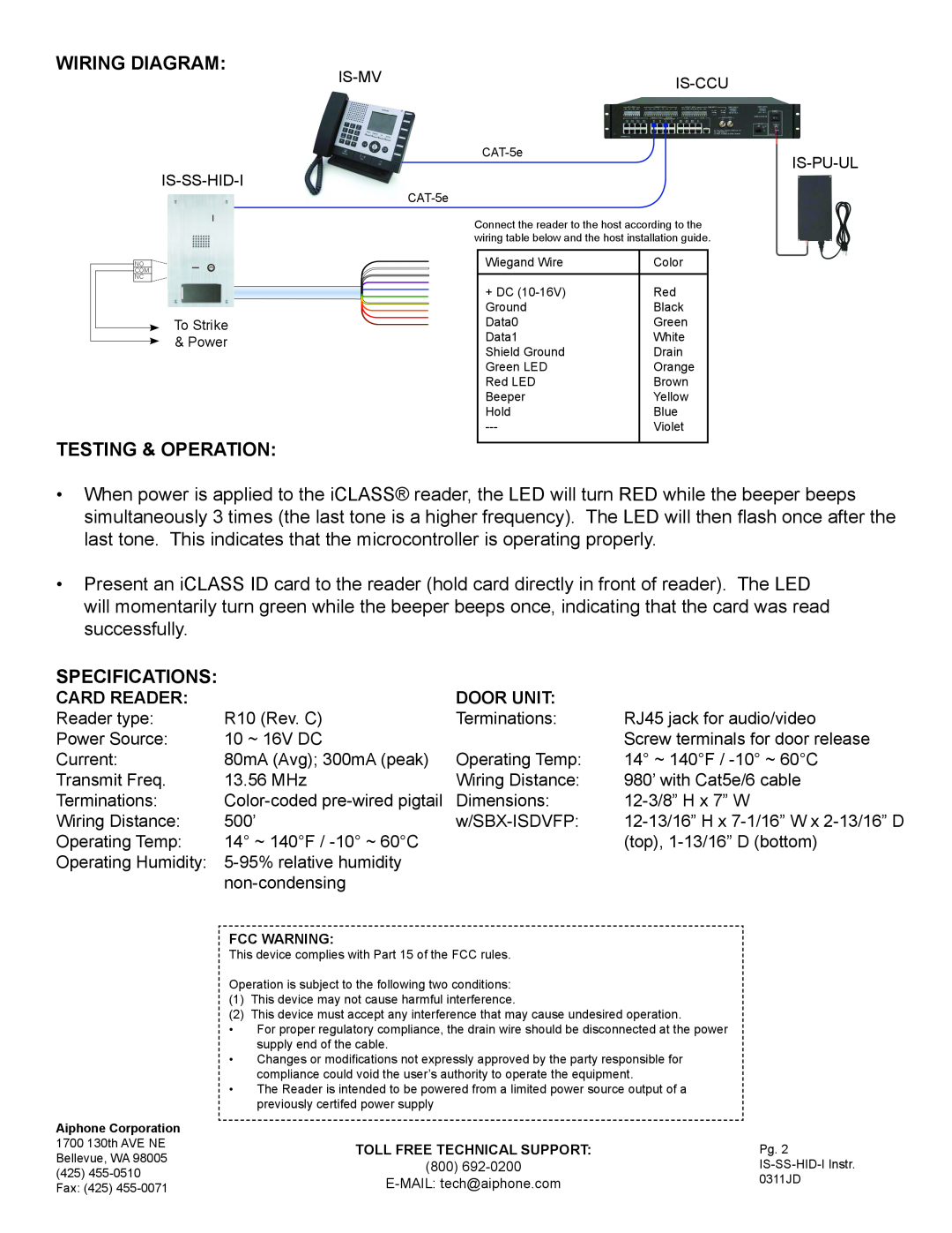 Aiphone IS-SS-HID-I dimensions Wiring Diagram, Testing & Operation, Specifications, Card Reader, Door Unit 