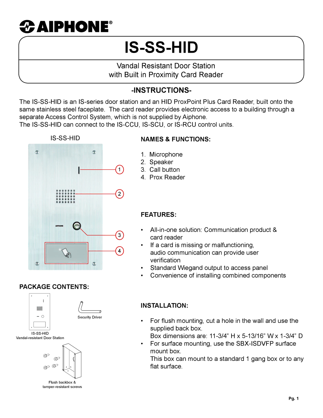 Aiphone IS-SS-HID dimensions Is-Ss-Hid, Instructions 