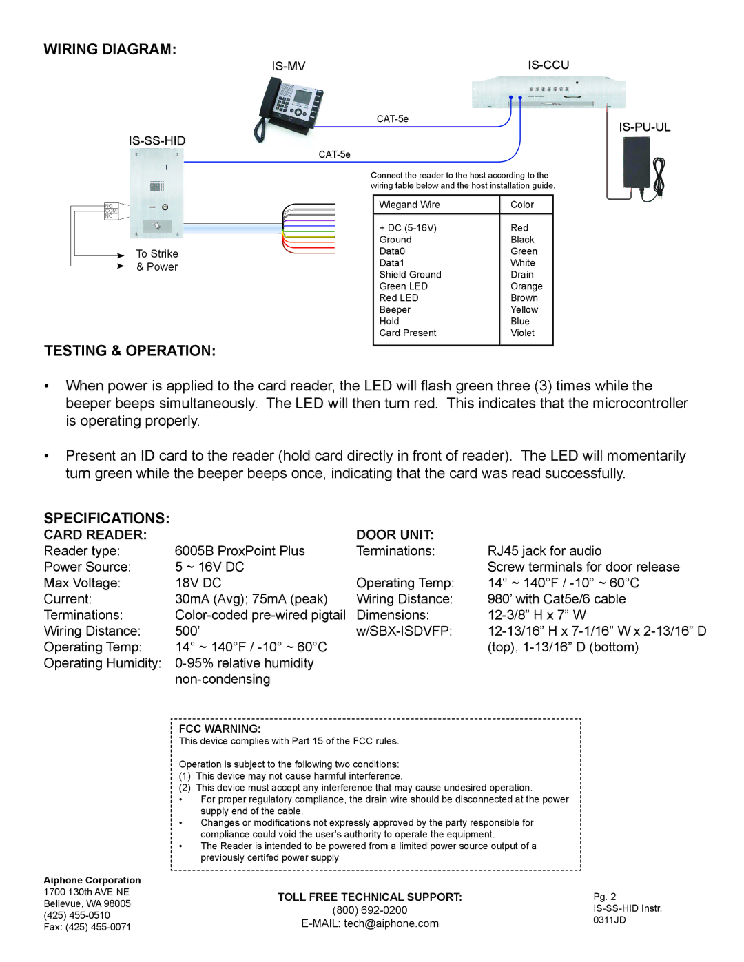 Aiphone IS-SS-HID dimensions Wiring Diagram, Testing & Operation, Specifications, Card Reader Door Unit 