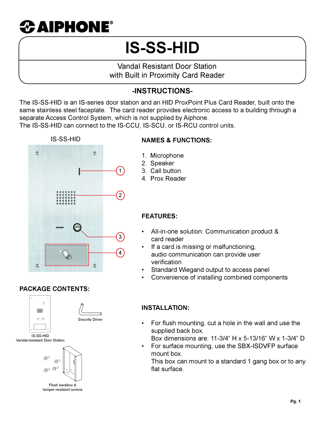 Aiphone IS-SS-HID dimensions Package Contents, Names & Functions, Features, Installation, Is-Ss-Hid, Instructions 