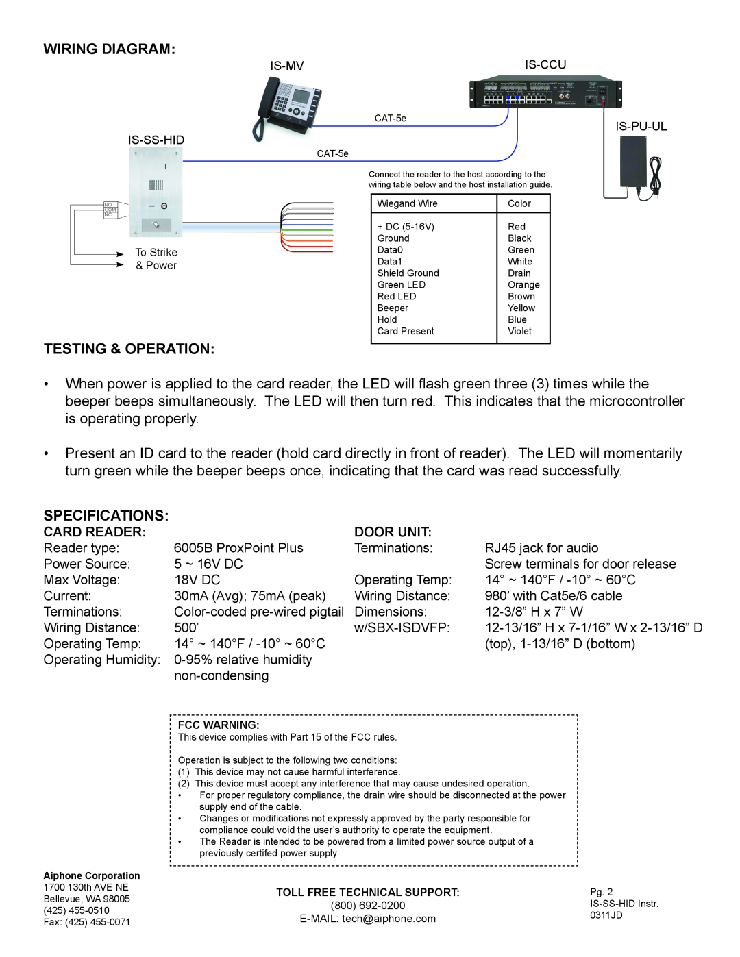 Aiphone IS-SS-HID dimensions Wiring Diagram, Testing & Operation, Specifications, Card Reader, Door Unit 