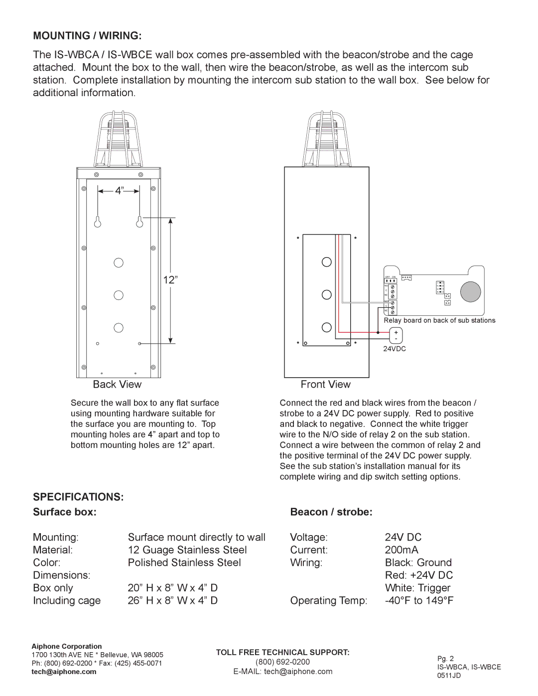 Aiphone IS-WBCA Mounting / Wiring, Front View, Specifications, Surface box Beacon / strobe, Toll Free Technical Support 