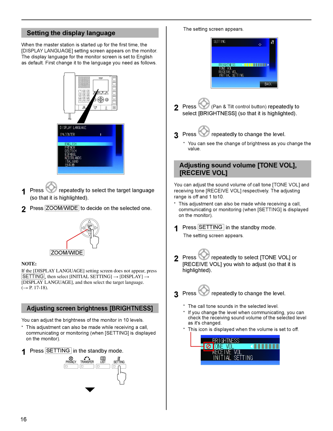 Aiphone IS operation manual Adjusting screen brightness Brightness, Adjusting sound volume Tone VOL 