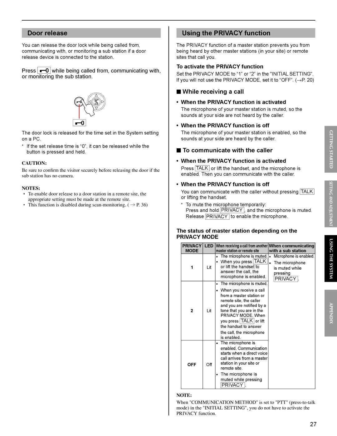 Aiphone IS operation manual While receiving a call, To communicate with the caller 