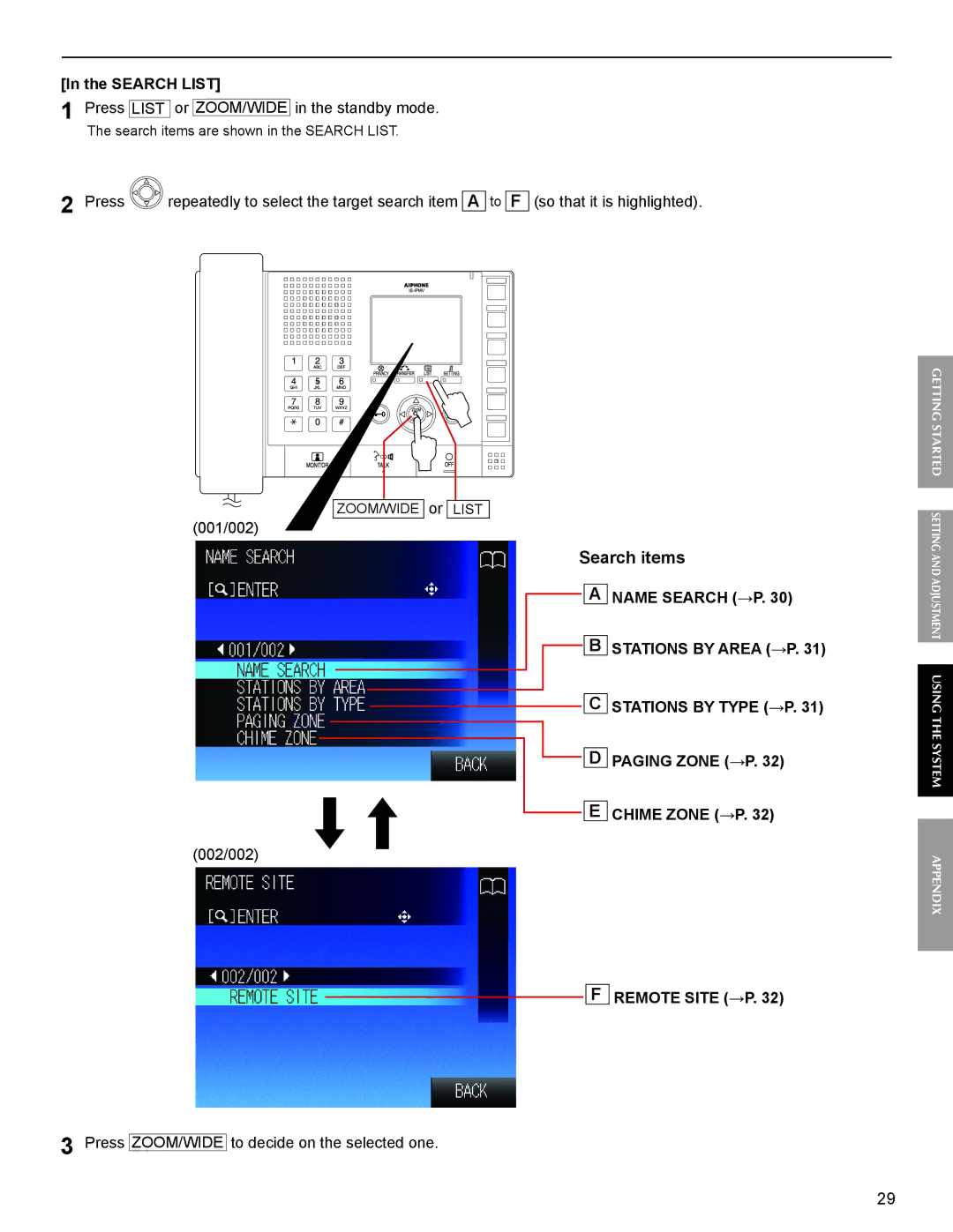 Aiphone IS Search List, Name Search →P Stations by Area →P Stations by Type →P, Paging Zone →P Chime Zone →P 