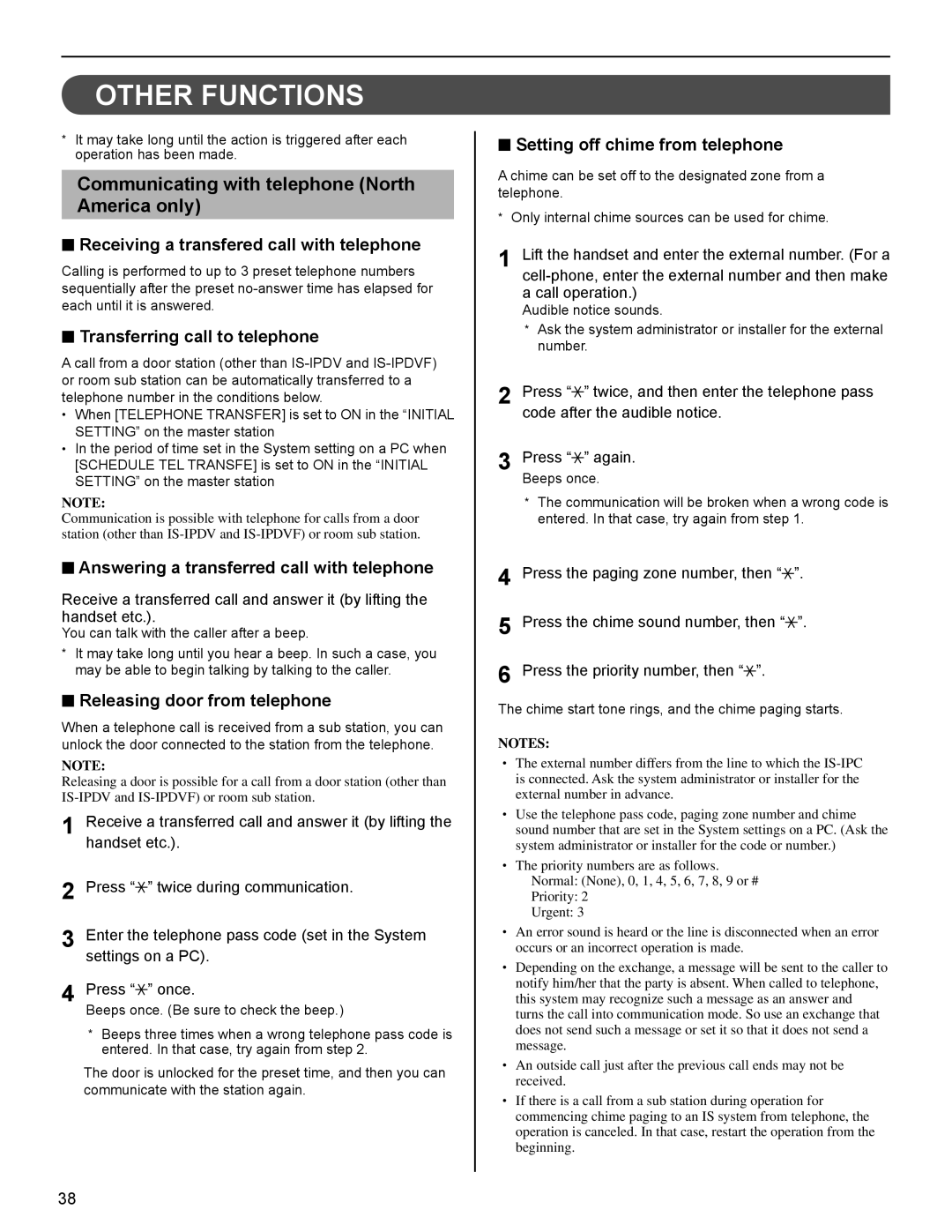 Aiphone IS operation manual Other Functions, Communicating with telephone North America only 