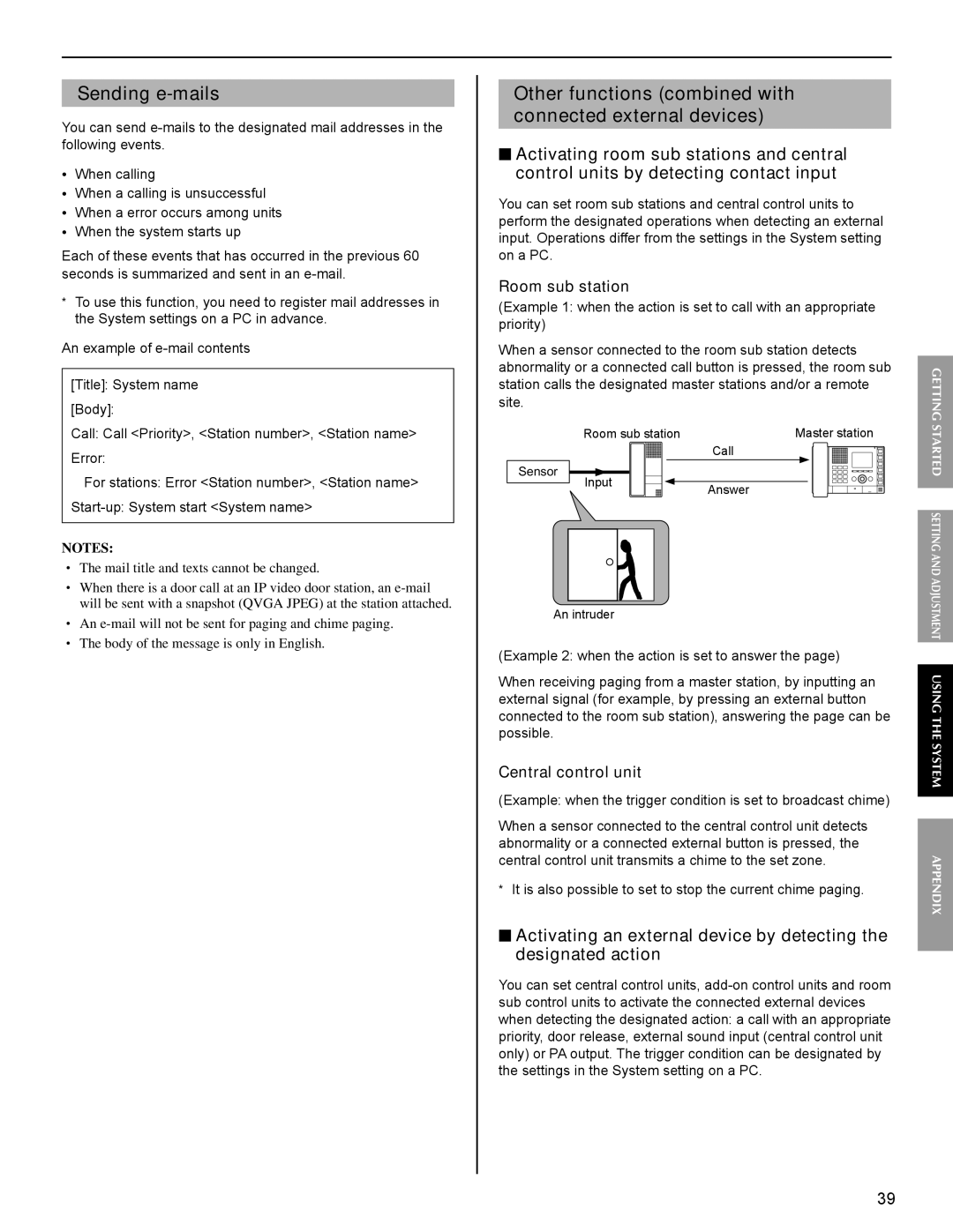 Aiphone IS Other functions combined with connected external devices, Room sub station, Central control unit 