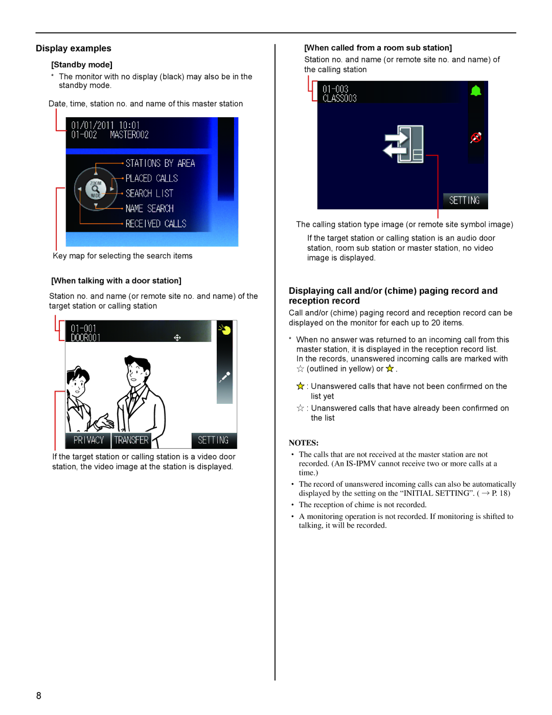 Aiphone IS operation manual Display examples, Standby mode 