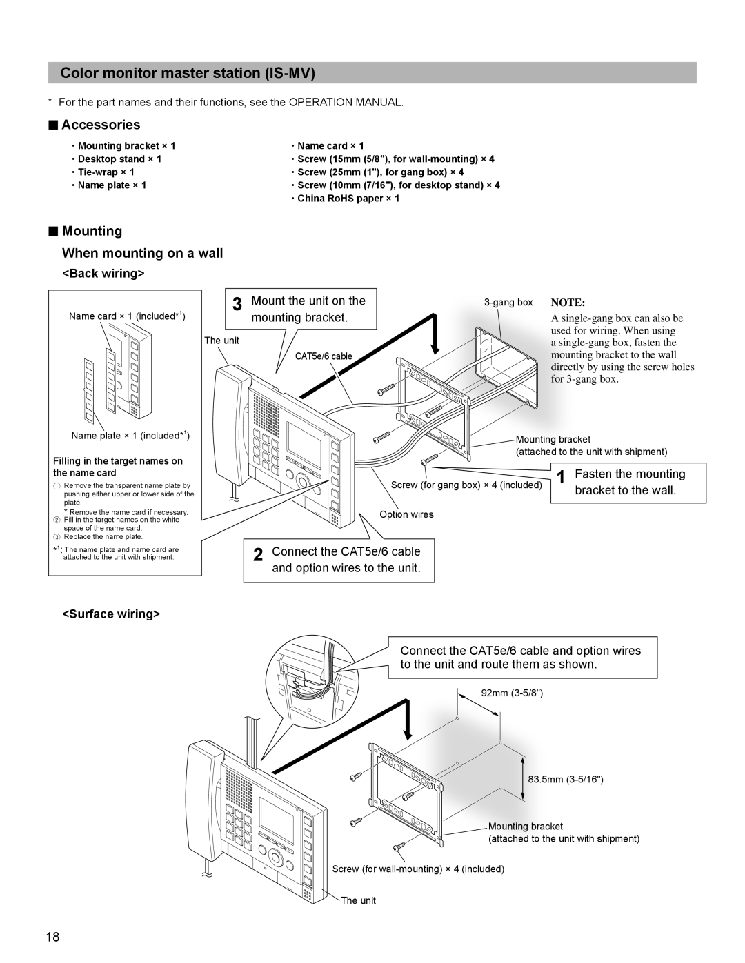 Aiphone IS installation manual Mounting When mounting on a wall, Back wiring, Surface wiring 