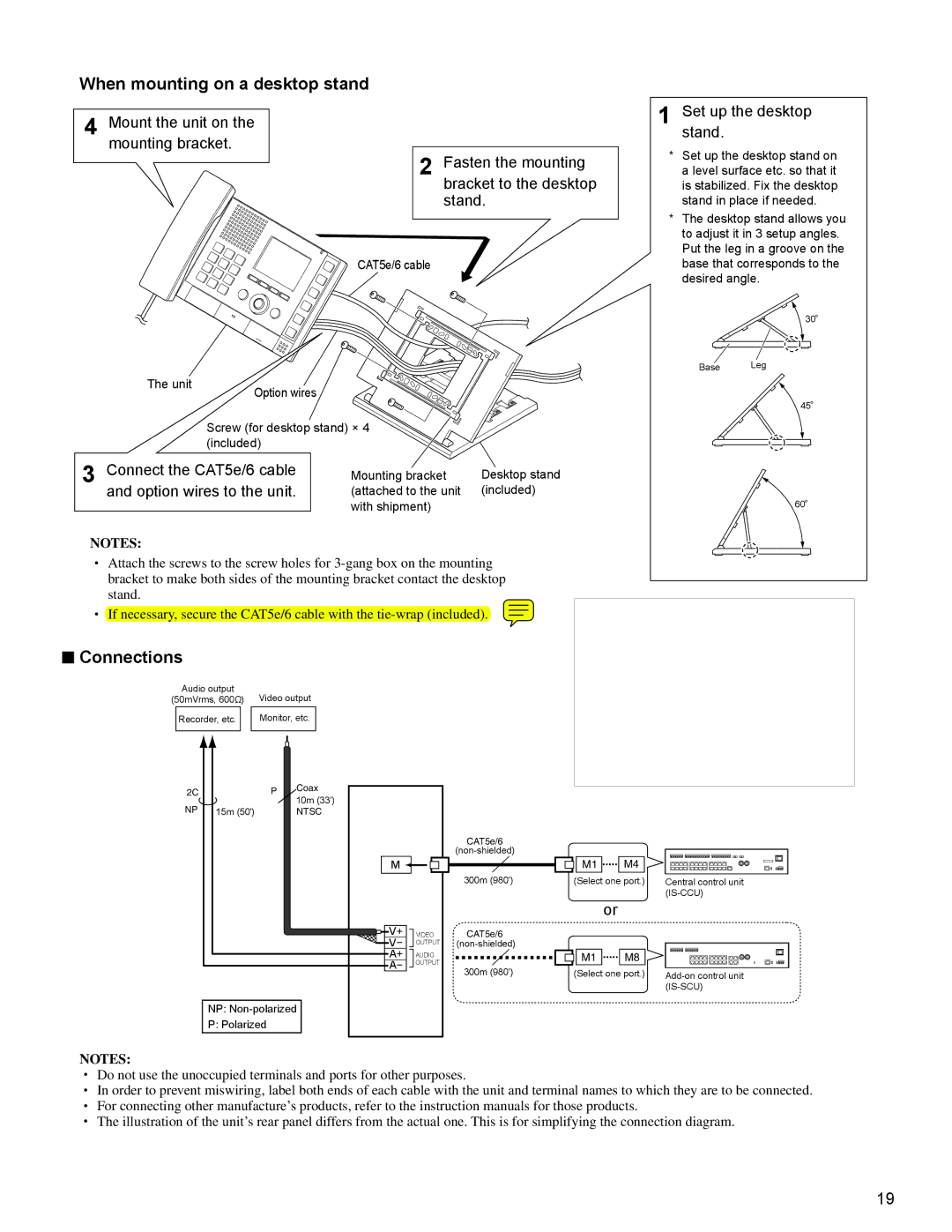 Aiphone IS installation manual When mounting on a desktop stand, Connect the CAT5e/6 cable, Option wires to the unit 